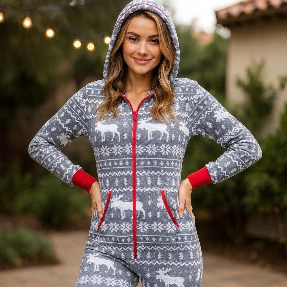 Tipsy Elves One-Piece Adult L Grey Fair Isle Reindeer Hooded Christmas Pajamas